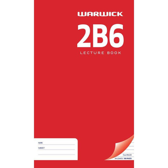 Red hardcover Warwick Lecture Book 2B6 with 94 ruled leaves, perfect for note-taking in classrooms and meetings.