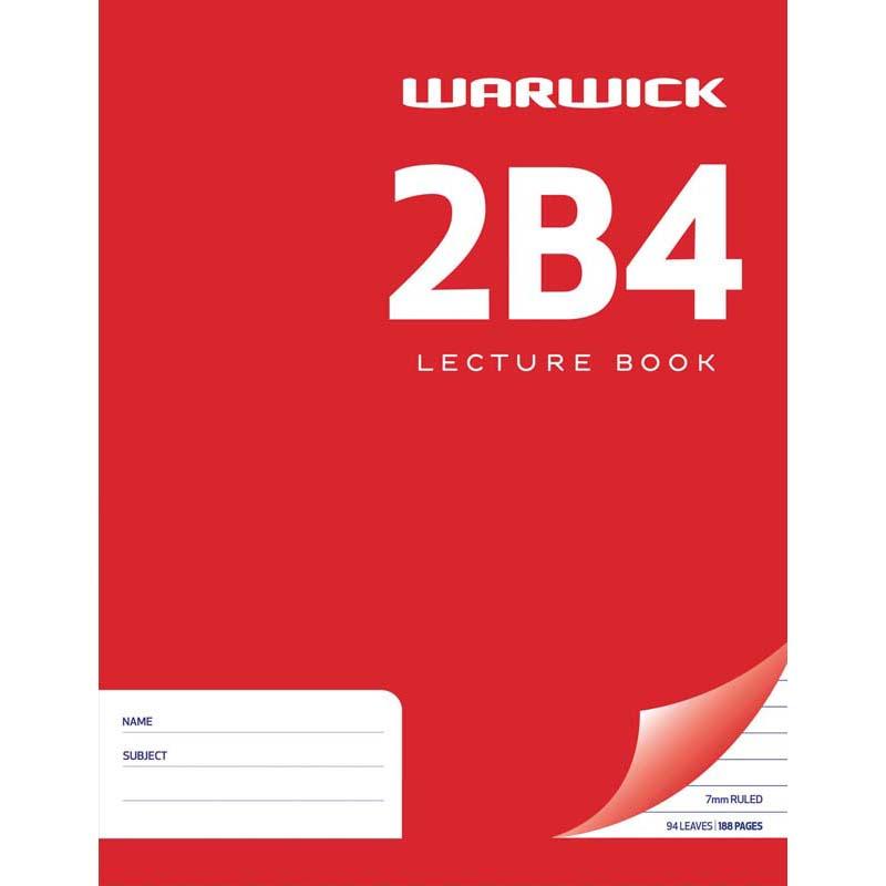 Hardcover red Warwick Lecture Book 2B4 with 94 ruled pages and 7mm spacing, ideal for organized note-taking.