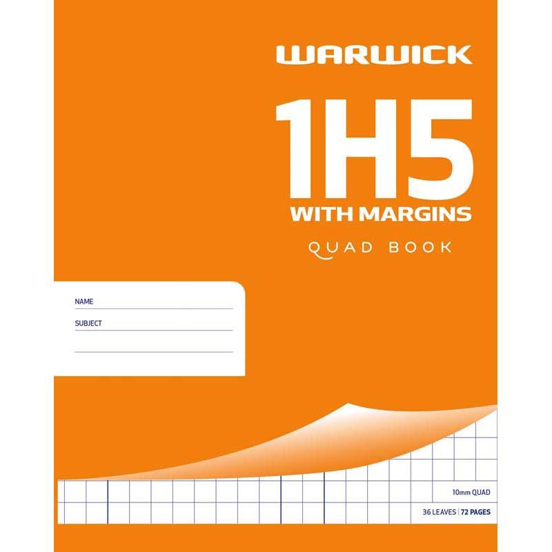 Warwick Exercise Book 1H5 with 36 leaves, 10mm quad grid, margin for organized notes, perfect for math and science.