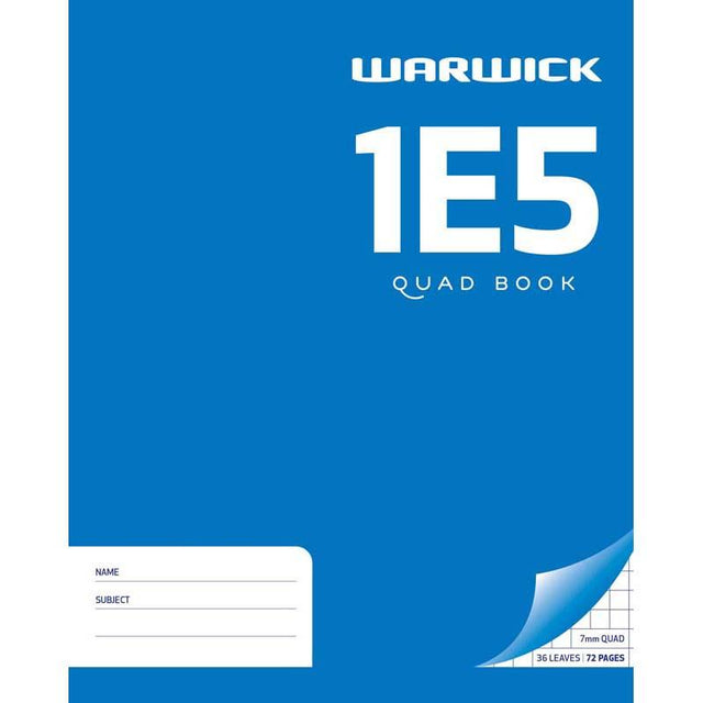 Warwick Exercise Book 1E5 with 36 leaves of 7mm quad paper, perfect for math, science, and engineering notes.