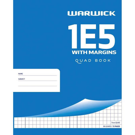 Warwick Exercise Book 1E5 with 36 leaves, 7mm quad grid, and margin for organized note-taking and mathematical calculations.