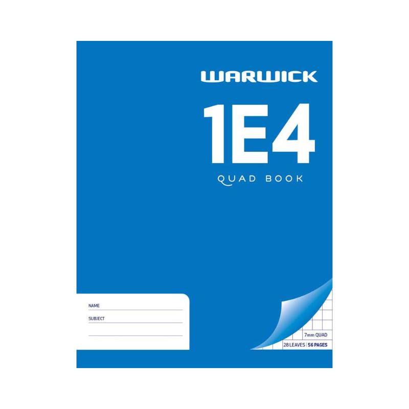 Warwick Exercise Book 1E4 with 28 leaves, 7mm quad grid, compact 230x180mm, ideal for mathematics and note-taking.