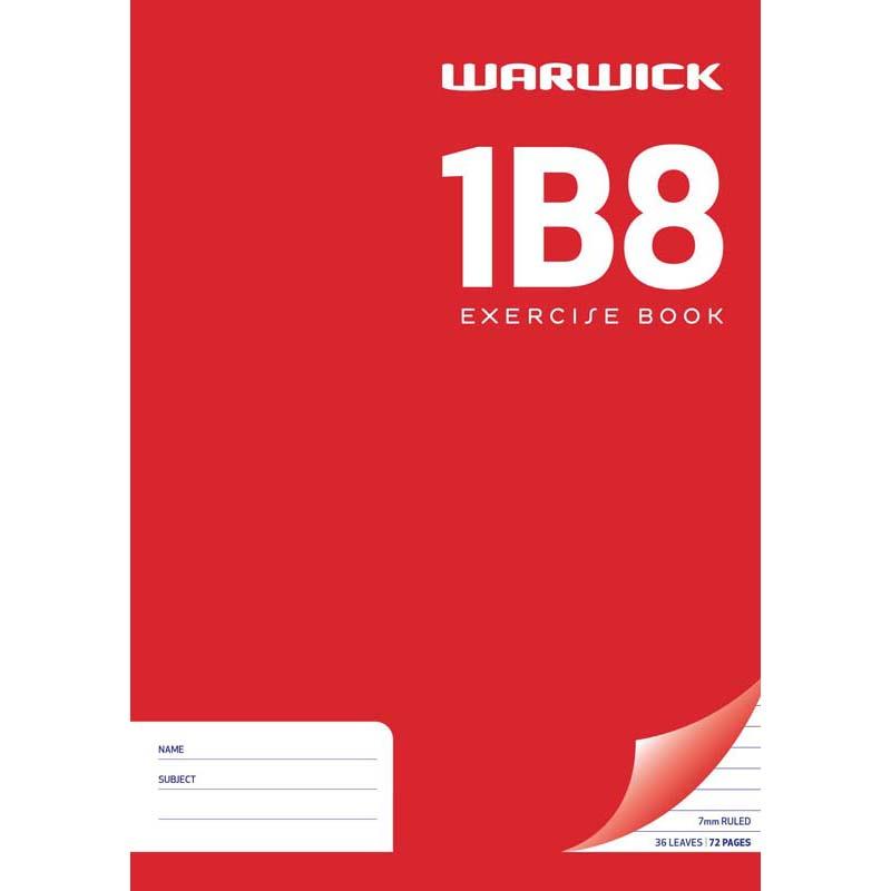 Warwick Exercise Book 1B8 A4, 36 leaf, unpunched, ruled 7mm, perfect for organizing notes and writing across subjects.