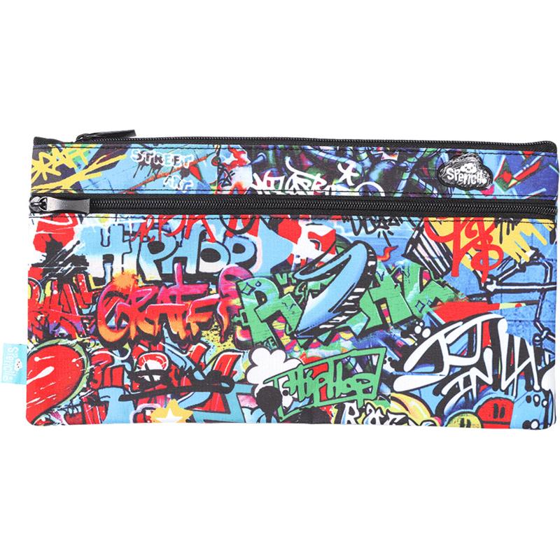 Vibrant Spencil Street Art Pencil Case with two zipped compartments, ideal for school supplies and personalizing with a name label.