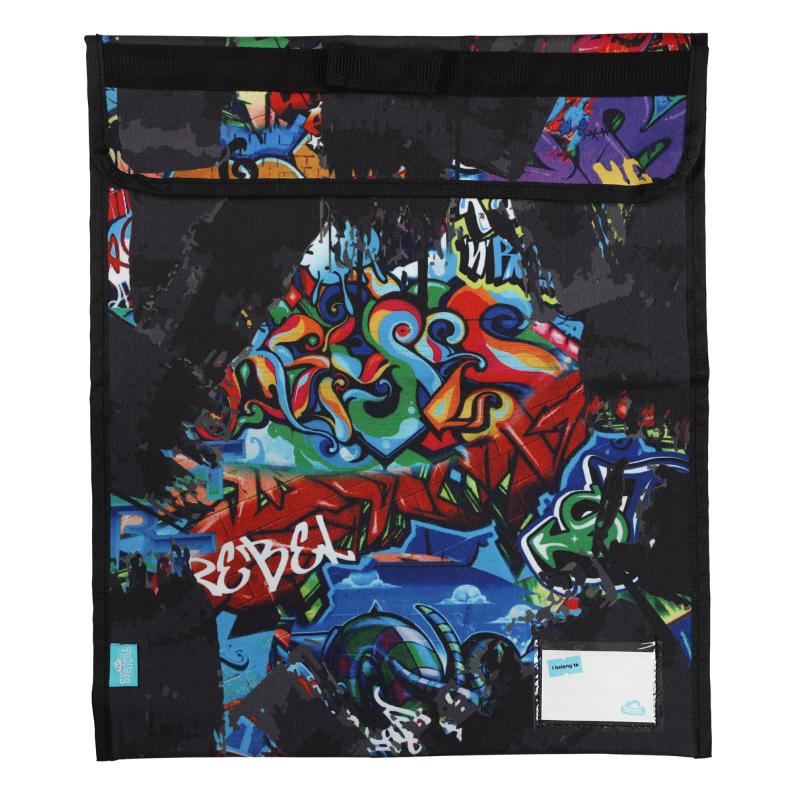 Extra-large Spencil Street Art Homework Bag with PVC coating, nylon inner, hook and loop fastening, and name pocket.