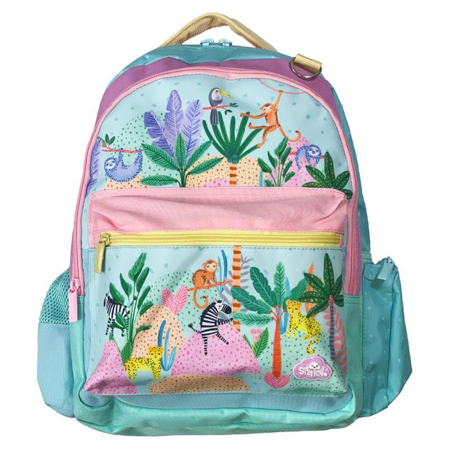 Spencil Wild Things Junior Backpack in vibrant design, featuring a side zip pocket, water bottle holder, and padded carry handle.