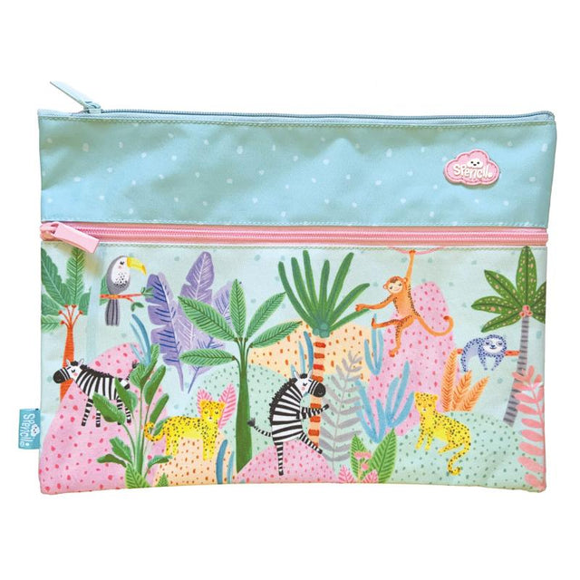 Vibrant Spencil Wild Things A4 pencil case with two zipped pockets, ideal for organizing school supplies creatively.