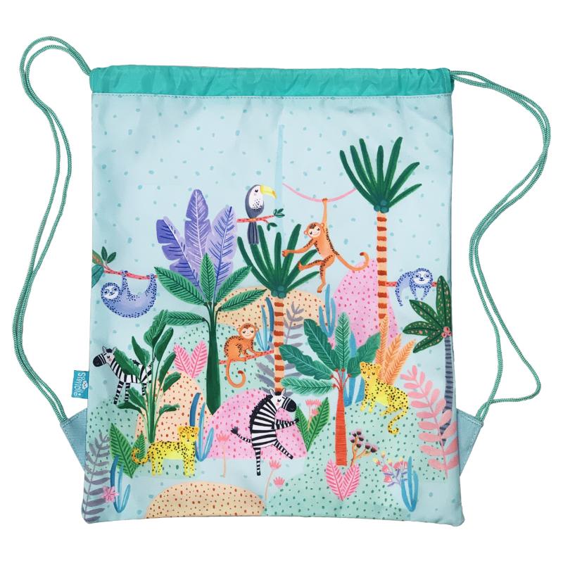 Colorful junior drawstring sports bag with playful animal prints, perfect for kids aged 3-5 for sports and adventures.