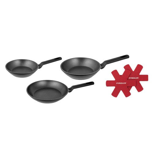 3 piece Pyrolux X-Treme fry pan set with non-stick coating, ergonomic handles, and induction base; sizes 20cm, 24cm, 28cm.