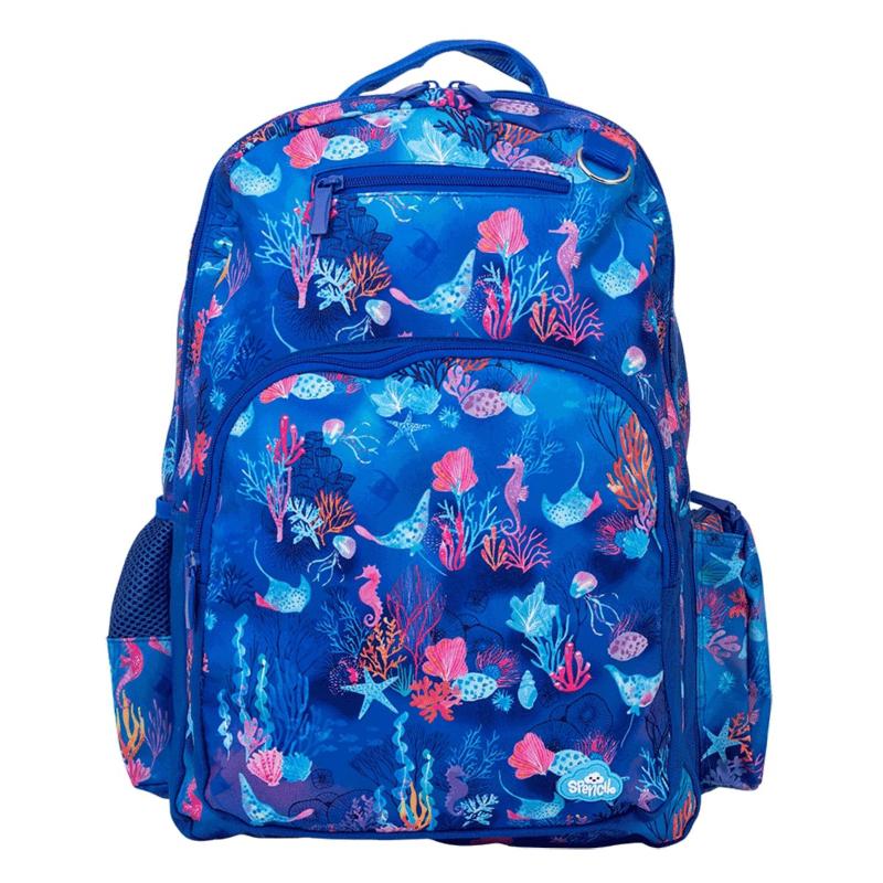 Spencil Coral Garden Backpack featuring vibrant design, water bottle compartment, and padded pocket for devices, perfect for kids.