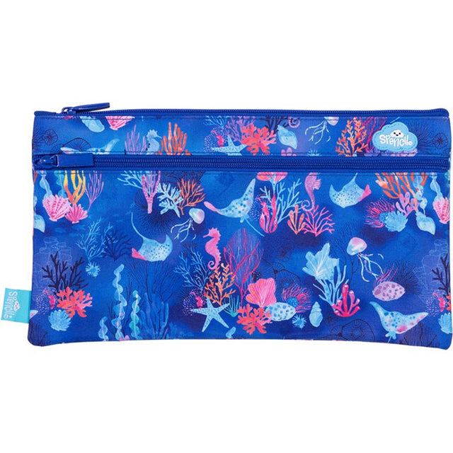 Spencil Coral Garden Pencil Case with vibrant design, two zipped compartments, and durable metal zip, perfect for school supplies.