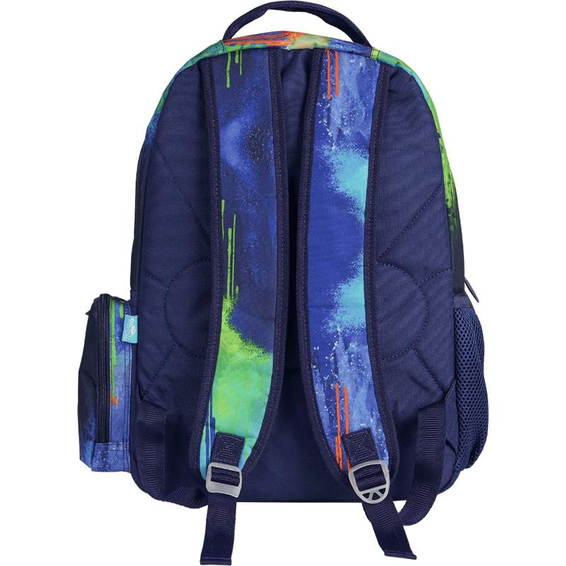 Vibrant Spencil Colour Drip Backpack for kids with water bottle pocket, side zip for phone, and padded laptop pocket.