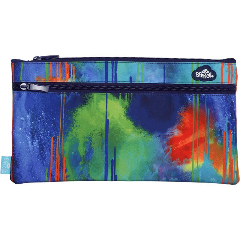 Spencil Colour Drip Pencil Case with vibrant design, metal zip, two compartments, and fits a 30cm ruler. Ideal for students.