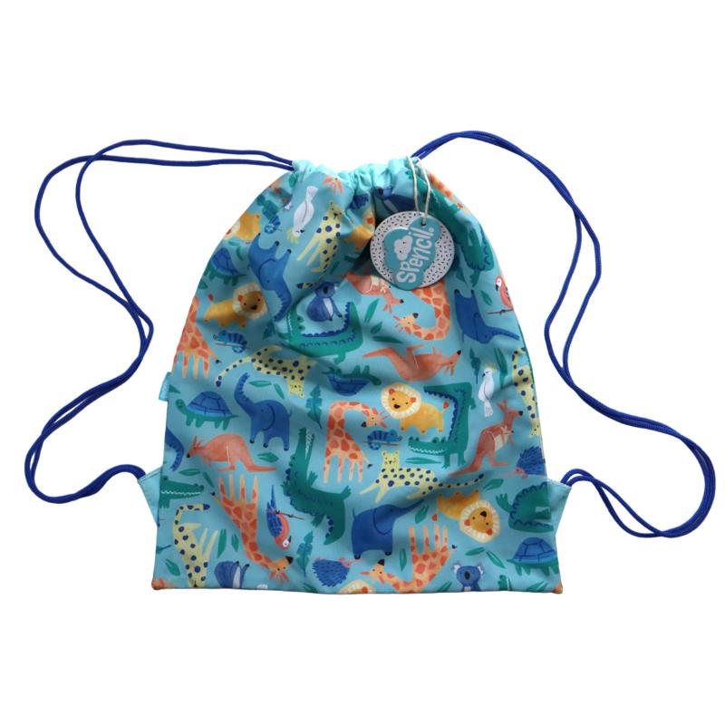 Vibrant safari-themed junior drawstring sports bag, water-resistant for kids' adventures and easy organization.