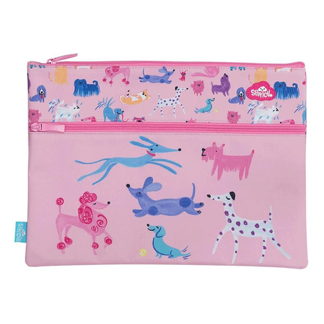 Spencil Doodle Dogs A4 twin zip pencil case with playful design, spacious compartments, and an inner name label for organization.