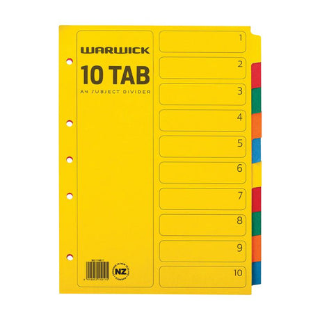 Brightly colored A4 dividers with 10 tabs made from durable heavyweight board for efficient document organization.