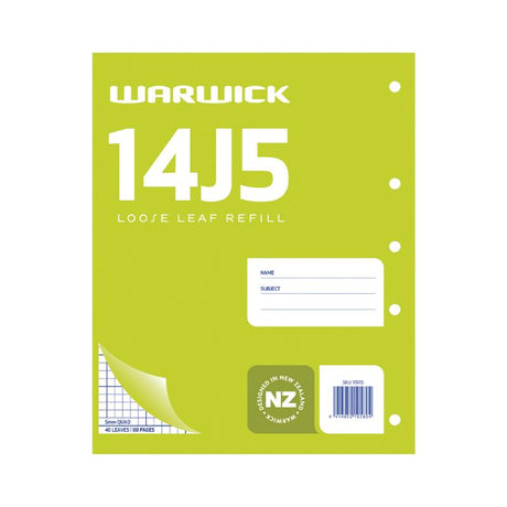 Warwick Refill 14J5 Loose Leaf, 40 sheets of 5mm quad paper, perfect for math and stats note-taking, durable and versatile.