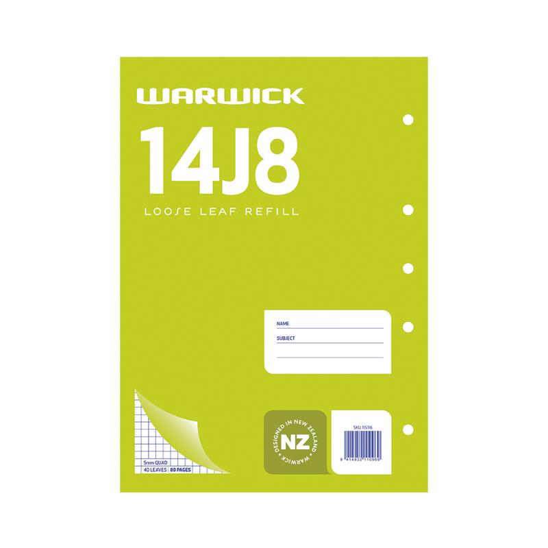 Warwick Refill 14J8 A4 loose-leaf paper with a 5mm grid, ideal for math and science notes and calculations.