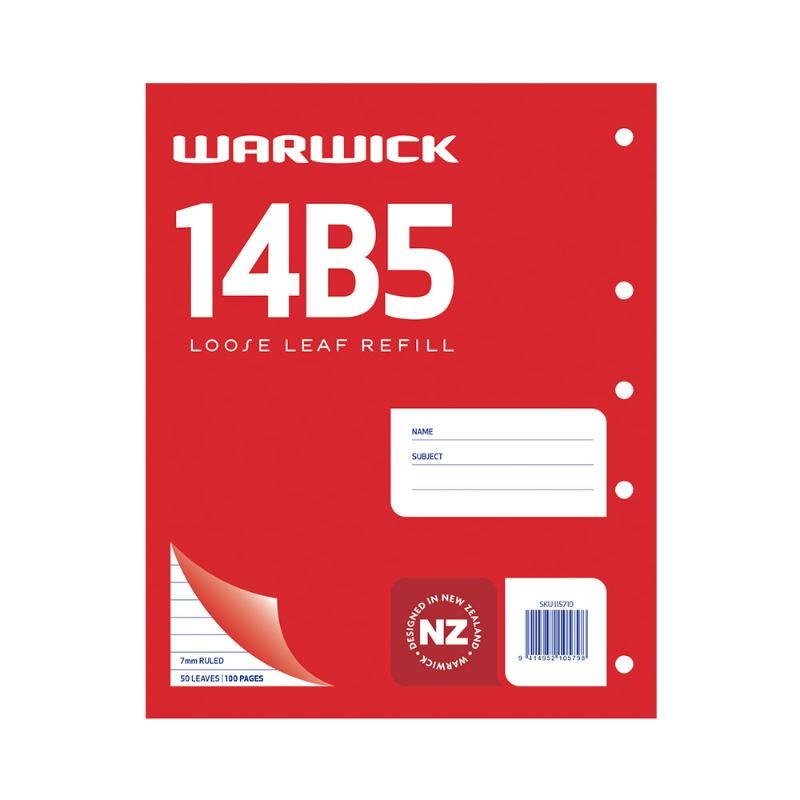 Warwick Refill 14B5 Loose Leaf pad with 50 ruled pages, 7mm spacing, ideal for organized note-taking in various subjects.