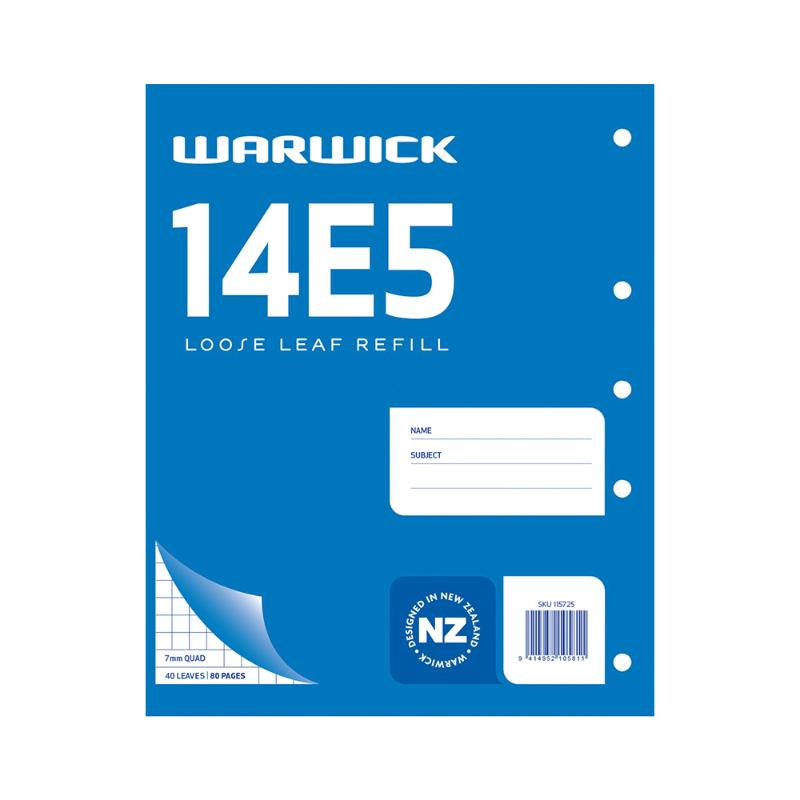 High-quality 40-leaf Warwick Refill 14E5 with 7mm quad ruling, perfect for organized note-taking and calculations.