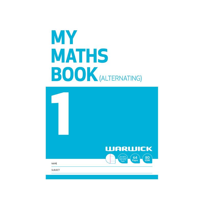 Warwick My Maths Book 1 features 64 pages of durable 80gsm paper with alternating ruled layouts and essential math reference material.