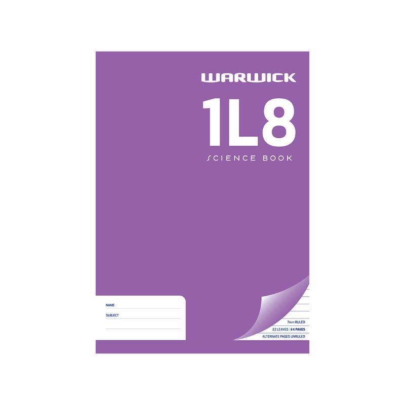 Warwick Exercise Book 1L8 A4 with 36 leaves, 7mm ruled pages for organized note-taking in school and university.