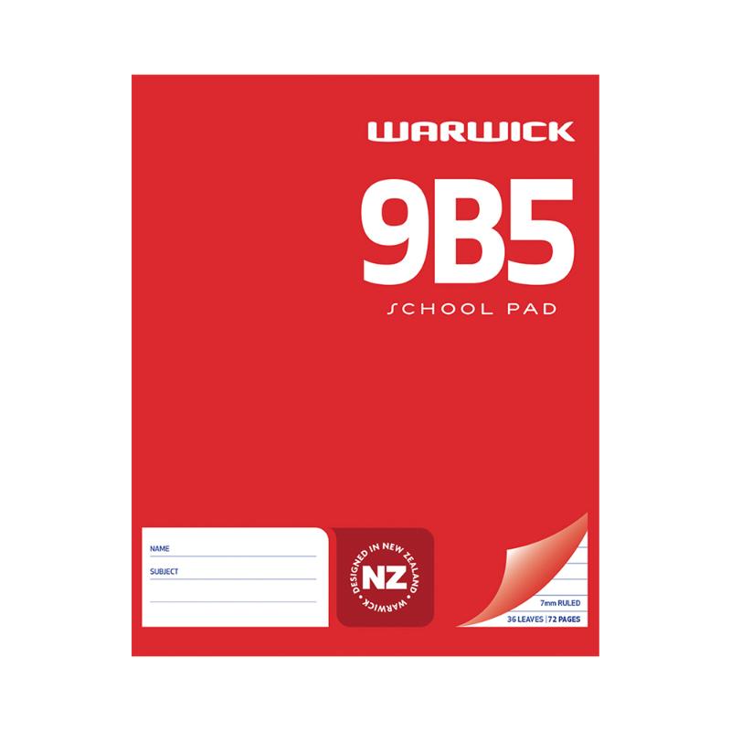 Warwick Pad 9B5 school pad with 36 ruled leaves, 7mm lines, ideal for notes, sketches, and creative writing.