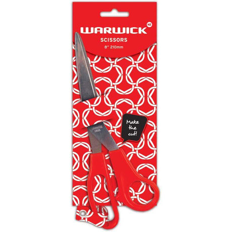 8-inch Warwick scissors with stainless steel blade and ergonomic red handle for versatile cutting tasks.