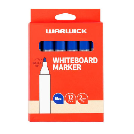 Blue bullet tip whiteboard markers in a box of 12, perfect for clear, erasable writing in classrooms and offices.