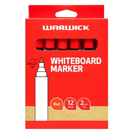 Red bullet tip whiteboard markers in a box of 12, perfect for vibrant visibility and smooth writing on dry erase boards.