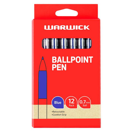 Blue Warwick retractable ballpoint pen with 0.7mm tip, featuring a comfortable grip and convenient pocket clip. Box of 12.