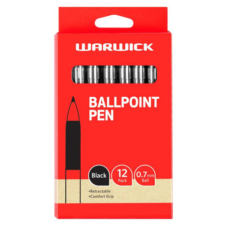 Black Warwick Ballpoint Pens, pack of 12, with 0.7mm tip, comfort grip, retractable design, ideal for home, school, and office use.