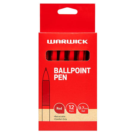 Warwick red retractable ballpoint pens in a box of 12, featuring a 0.7mm tip and comfort grip for fatigue-free writing.