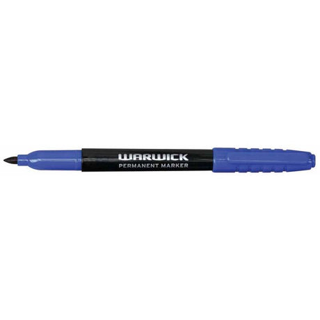 Box of 12 Warwick Blue Fine Tip Permanent Markers featuring non-toxic ink and 1.0MM bullet nib for precise writing and drawing.