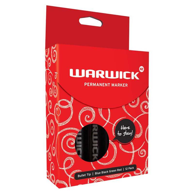 Warwick Assorted Bullet Tip Permanent Markers in a box of 12, featuring vibrant colors and a medium bullet tip for bold markings.