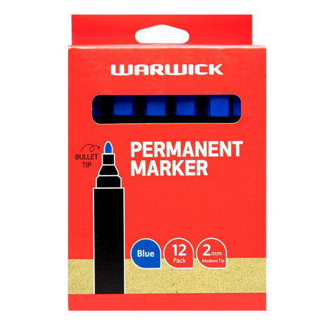 Box of 12 blue bullet tip permanent markers, 1.0MM fine tip, non-toxic and ideal for labeling, crafting, and artwork.