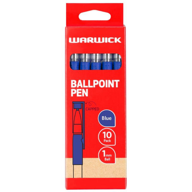 Blue Warwick ballpoint pens with ergonomic grips and clear ink level window, boxed in a set of 10 for smooth writing.