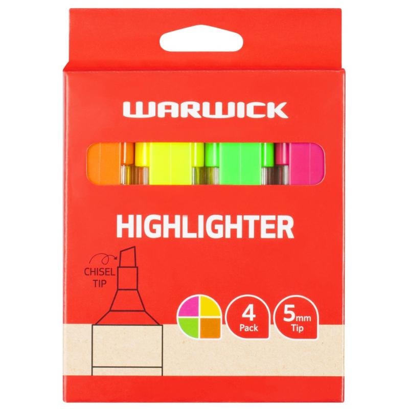 Colorful Warwick Highlighter Stubby Assorted 4 Pack featuring ergonomic design, chisel nib, and vibrant liquid ink for effective highlighting.