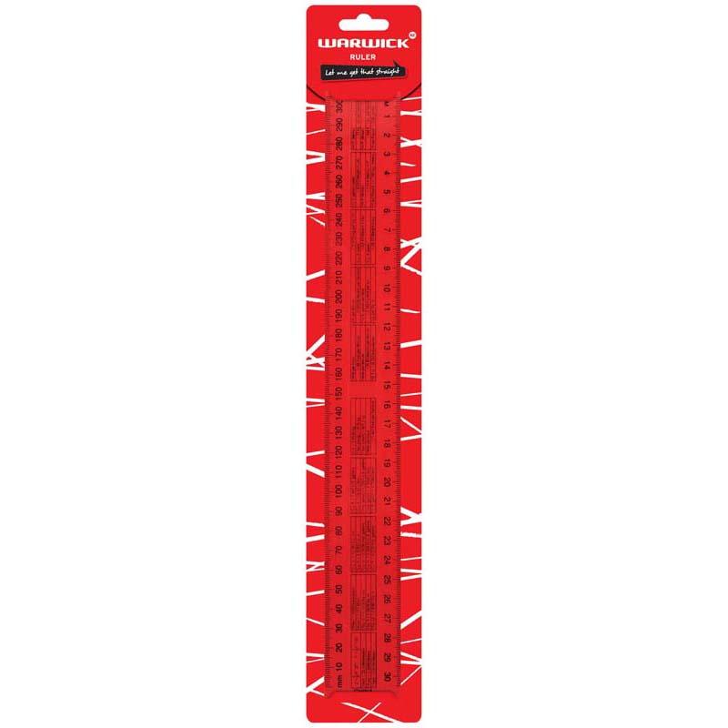 Clear 30cm ruler with conversion tables and beveled edges for precise measurements, ideal for students and professionals.