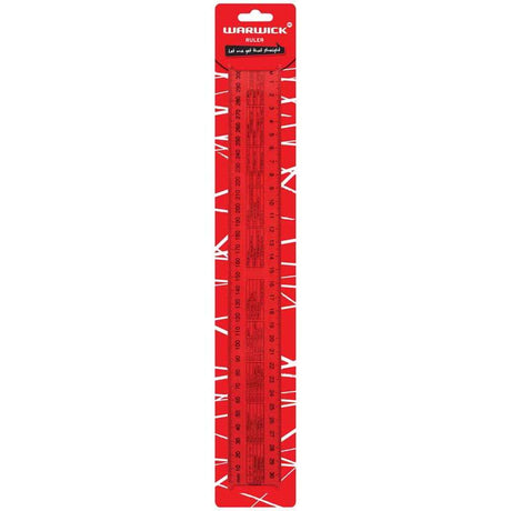 Clear 30cm ruler with conversion tables and beveled edges for precise measurements, ideal for students and professionals.