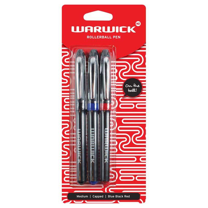 Warwick Rollerball Pen 3 Pack in blue, black, and red with rubber grip for comfortable, fatigue-free writing.