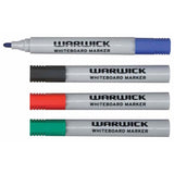 A pack of four Warwick bullet-tip dry erase markers in black, blue, red, and green for vibrant writing on whiteboards.