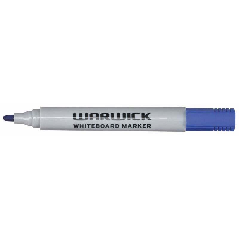 Warwick Whiteboard Marker set with four bullet-tip dry erase markers in black, blue, red, and green, ideal for vibrant writing.