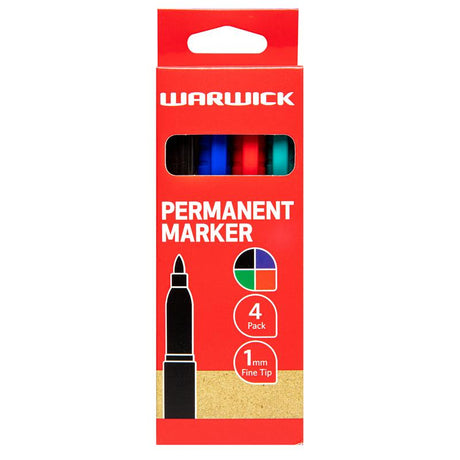 Set of 4 Warwick Fine Tip Permanent Markers in assorted colors, featuring non-toxic ink and fine chisel tips for detailed work.