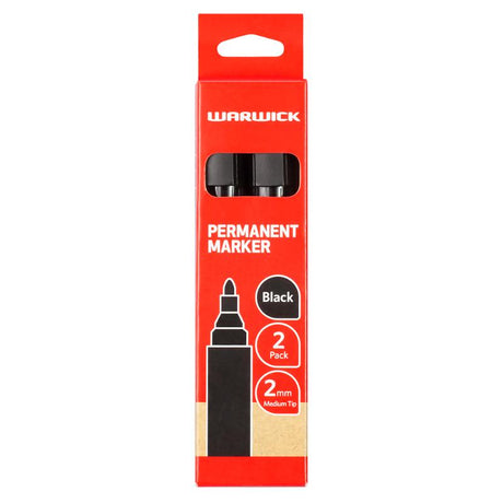 Warwick Black Bullet Tip Permanent Markers in a 2-pack, featuring nontoxic ink and durable precision tips for versatile marking.