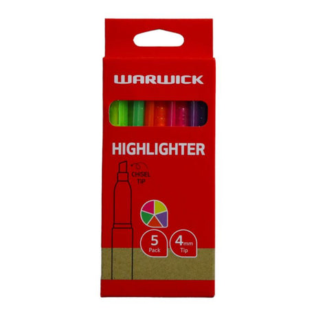 Five vibrant highlighters in yellow, pink, green, orange, and blue with a chisel nib for precise highlighting and note-taking.