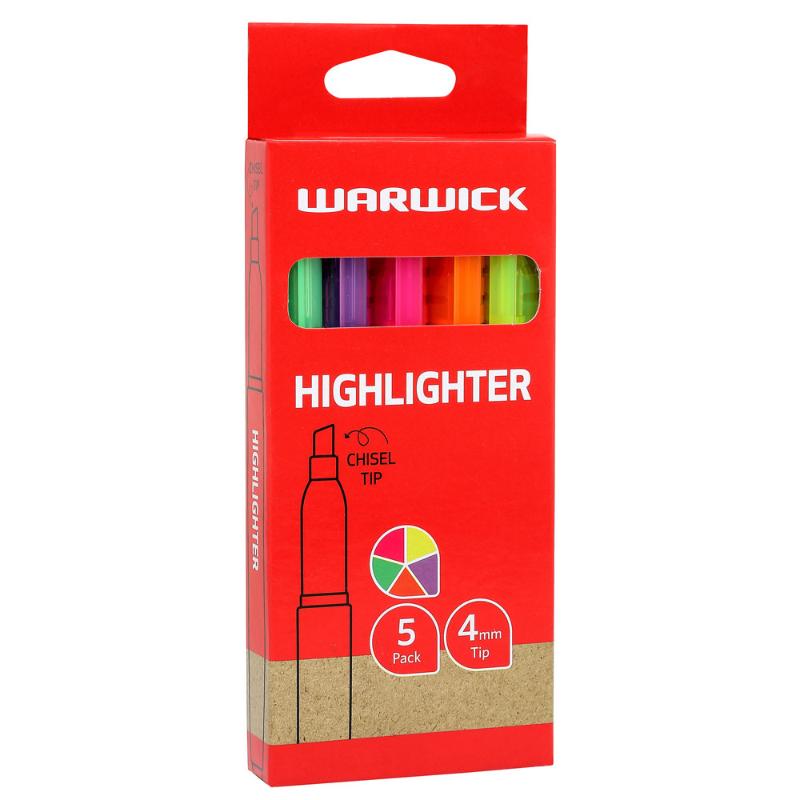 Warwick Highlighter Slimline 5 Pack with chisel nibs in vibrant yellow, pink, green, orange, and blue for precise highlighting.