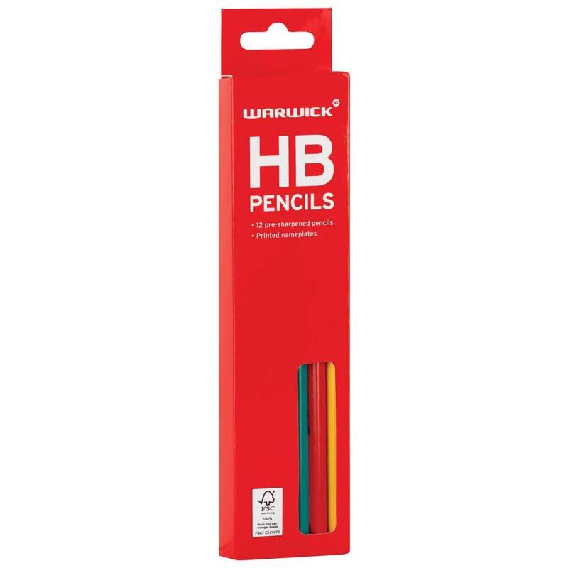 Pack of 12 Warwick HB hexagonal pencils, pre-sharpened with easy-grip design, ideal for writing and drawing in vibrant colors.