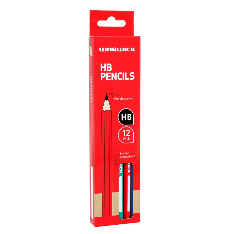 Warwick HB Pencil Pack of 12, hexagonal, pre-sharpened, ideal for writing and drawing, with printed nameplates for easy identification.