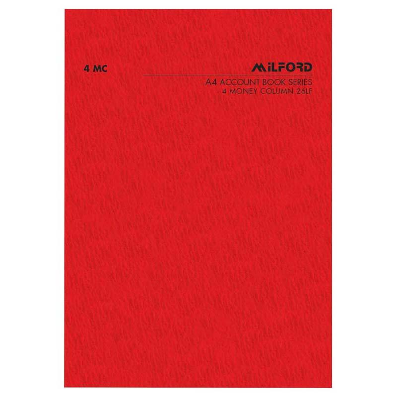 Milford A4 account book with four money columns, limp cover, 26 durable pages for effective financial management.